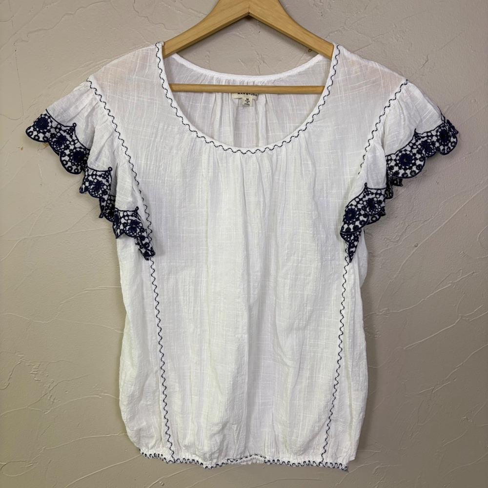 Max Studio Blouse Womens Medium White Embroidered Flutter Sleeve Boho Cottage